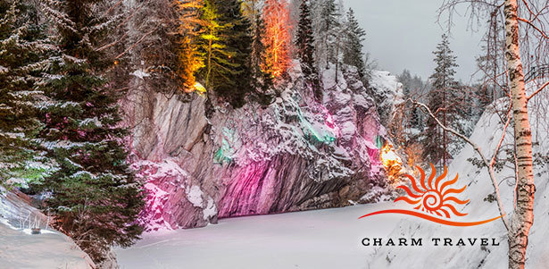 **Скидка 50%** на «Тур на 2 дня: снежное сафари по водопадам Карелии и парк “Рускеала"» от компании Charm Travel 