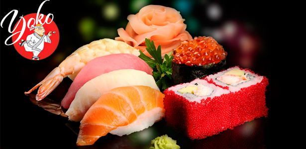 **Скидка 55%** на все блюда меню от службы доставки Yoko-Sushi: роллы «Ниндзя», «Аляска», «Инь Янь», «Курасава», суши «Нигири», «Гункан» и не только!
